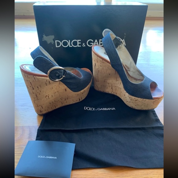 DOLCE & GABBANA ZEPPA DENIM MINERVA SLINGBAC Canvas Wedge Shoes Open Toe Sz 6.5 - Picture 1 of 16